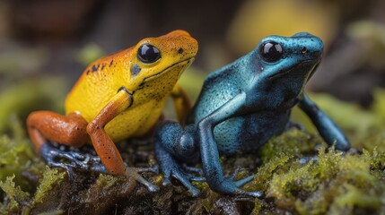Naklejka premium Colorful amphibians pose on lush green moss, showcasing vibrant hues of orange and blue in natural habitat