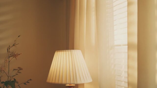 Warm sunlight filtering through sheer curtains and window blinds, casting soft shadows on a wall next to a lit pleated lamp and a subtle decorative plant