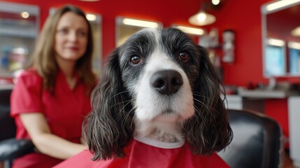 Dog at grooming salon with female groomer in red uniform in vibrant red room