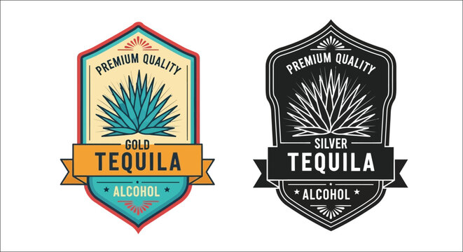 Two vintage style tequila labels gold and silver designs with agave plants