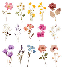 PNG Colorful floral botanical illustrations collection, transparent background