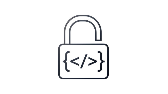A gray padlock icon with code symbols isolated on transparent background