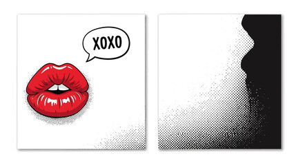 A close-up of red lips with speech bubble saying XOXO alongside a silhouette profile