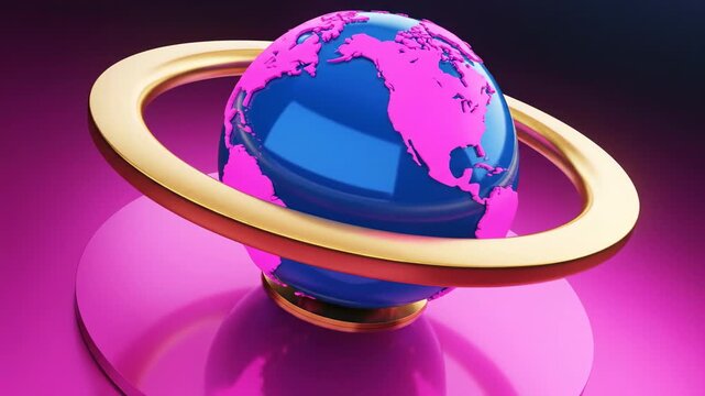 Sweeping high angle virtual drone perspective circling a rotating oversized blue and pink world globe mounted on a gold axis atop a vibrant pink platform design, gold axis, oversized blue