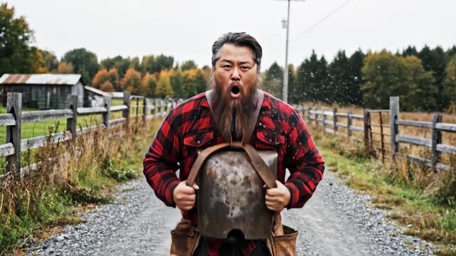 An individual wearing a red and black plaid shirt stands on a gravel path, yelling into an antique bell. His breath is visible in the cold air. He eventually ceases, silent.