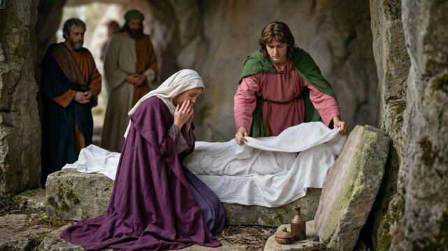 Woman and man preparing body in tomb. Biblical scene of Jesus being laid in the sepulchre for New Testament concept.