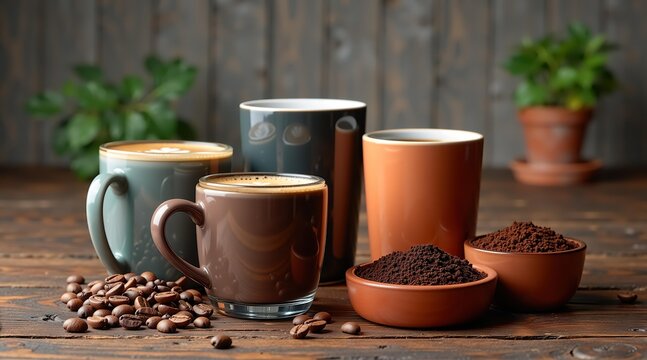 Multiple cups of fresh hot coffee and variety of coffee ingredients. Cafe drink and beverage concept for breakfast.