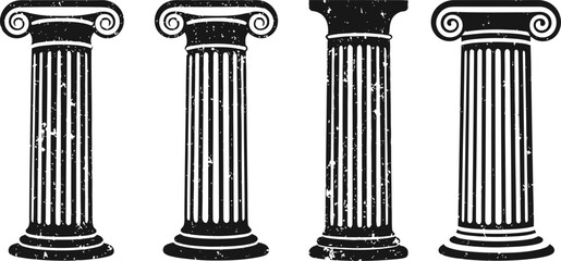 Naklejka premium Classic ancient greek columns set in black silhouette with distressed texture and different capitals