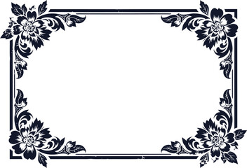 Elegant vintage floral border frame with intricate dark blue ornamental corner decorations on white background