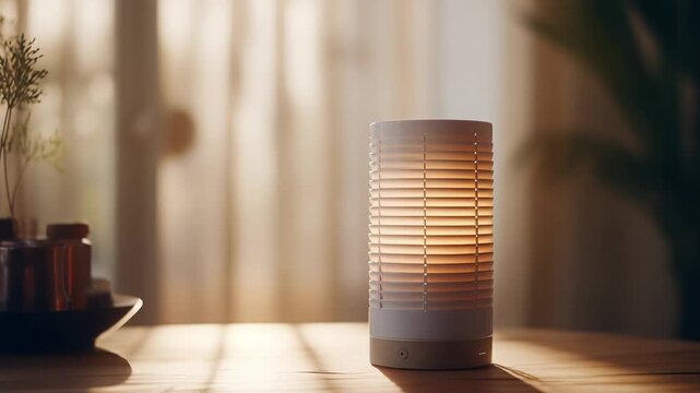 White aroma diffuser on a wooden table, casting a warm golden glow in a sunlit living room, creating a cozy, calming atmosphere for relaxation and self care