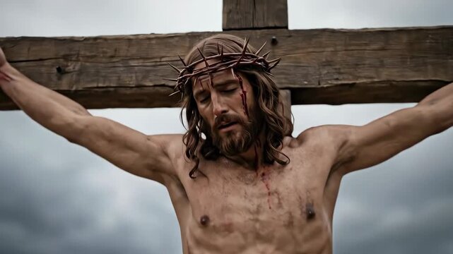 Jesus Christ on cross, suffering in detail, with mournful crowd and a woman nearby. Biblical crucifixion scene for Easter day.