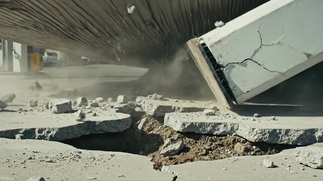 A concrete pillar cracks and crumbles as the ground beneath it breaks apart. Debris flies as the structure collapses dramatically.