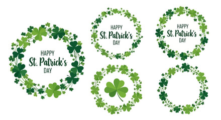 Set of St Patricks Day shamrock wreaths and frames with festive greetings. © Yara