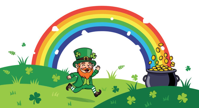A cheerful leprechaun running towards a pot of gold under a vibrant rainbow.
