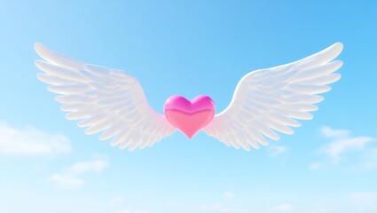 Fototapeta premium White angel wings with a glowing pink heart symbolizing love peace and spiritual protection isolated on transparent background