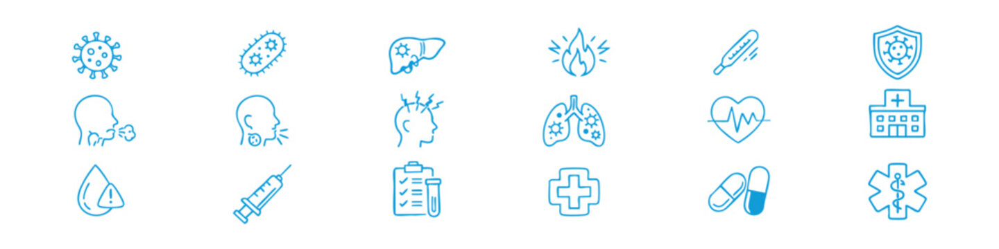 Disease Line Editable Icons set. Vector illustration in modern thin style of health related icons: infection, disease, inflammation, and more. Isolated on white background