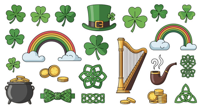 Vibrant collection of St Patricks Day themed illustrations featuring shamrocks, leprechaun hat, rainbows, and gold coins.