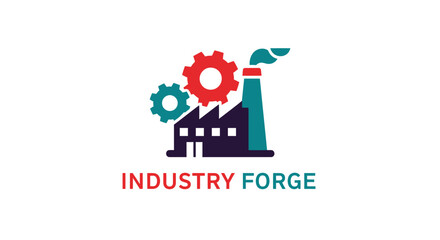 A vibrant logo featuring a factory building with a smokestack and two interlocking gears, accompanied by the text 'INDUSTRY FORGE' in red and teal.