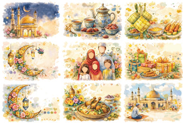 Obraz premium Watercolor Ramadan Eid Collection Mosque Lantern Iftar Family Dates Illustration
