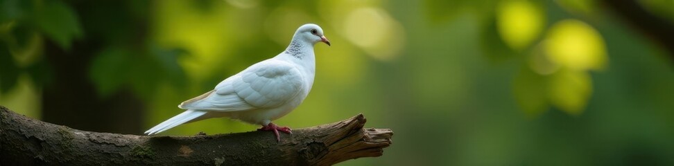 Elegant white dove rests on a weathered tree branch , closeup, hope, outdoor