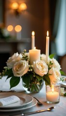 Elegant white floral arrangements & candlelight centerpiece , lace, event, clean