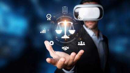 Fototapeta premium A business professional engages with virtual reality to visualize legal concepts, showcasing the intersection of technology and law in a dynamic environment. Raster