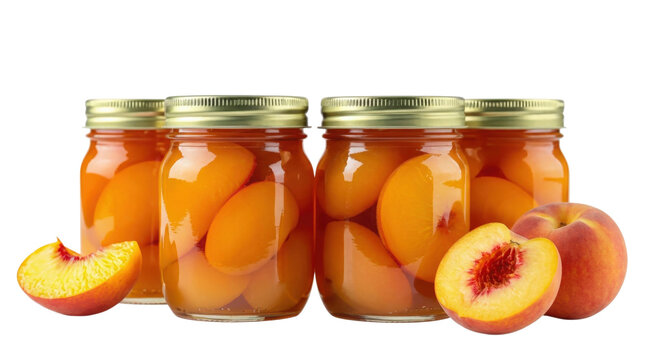 Four jars of peach jam are lined up next to a peach
