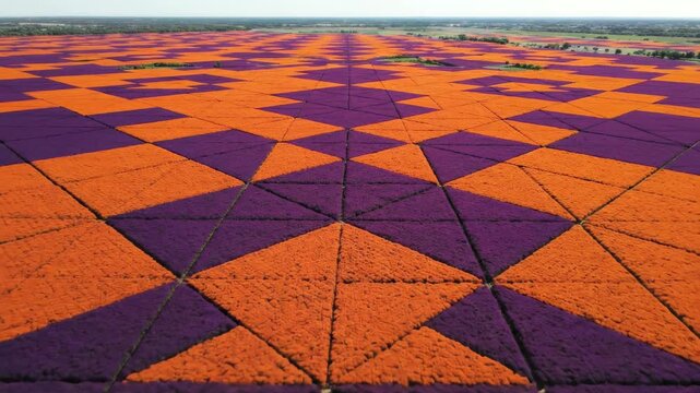 Sweeping aerial view over perfectly geometric fields of contrasting orange and purple flora creating a complex and massive natural quilt pattern texture map, farmland, massive