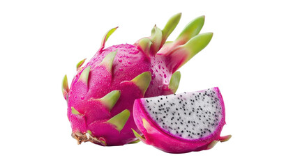 A red dragon fruit with black seeds is cut in half