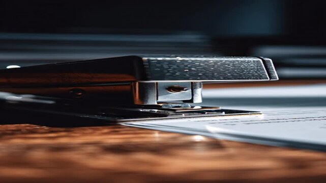 Close-up of a stapler on a wooden desk with papers.