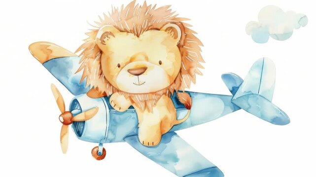 Video A watercolor of a lion sitting on the wing of an airplane, with clouds and sky in the background