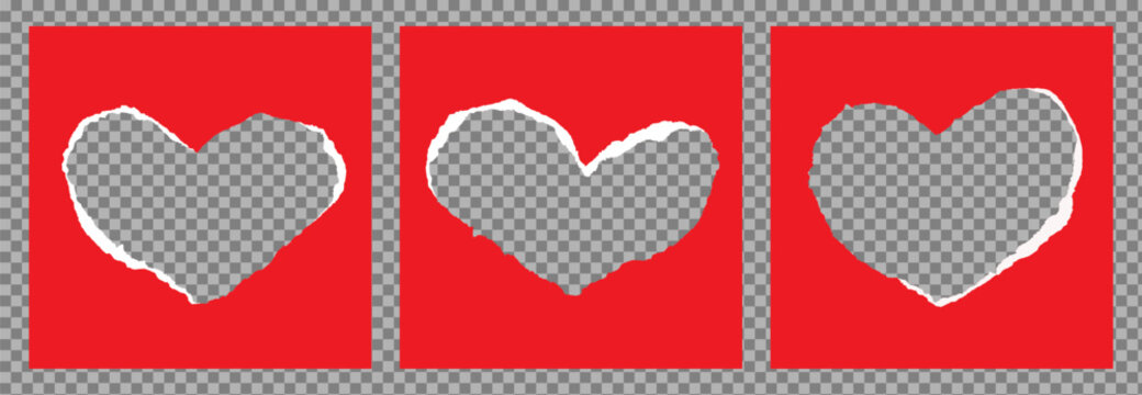 Set of realistic torn piece, cut out sheet of paper in the shape of heart. Frame, text box for Valentine's day for banner, flayer, collage. Empty  template for wedding. Flat vector EPS