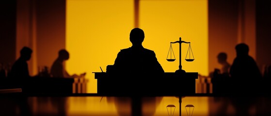 Silhouette of the scales of justice set against a courtroom interior with a judge in the background. law, balance, fairness, legal proceedings.