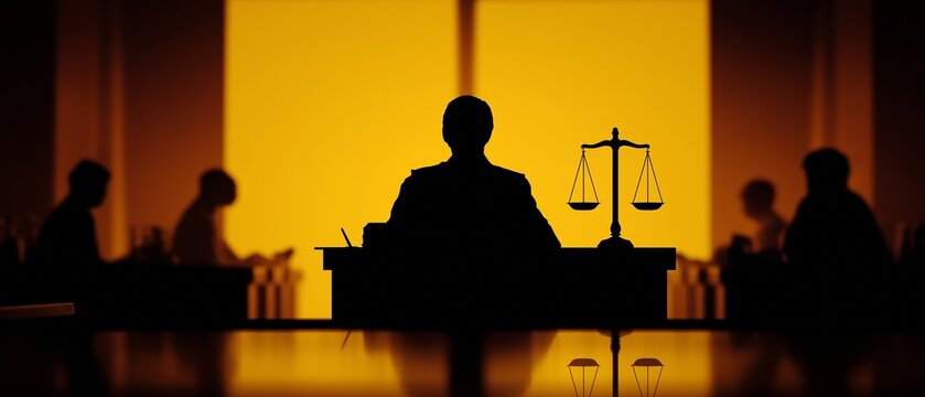 Silhouette of the scales of justice set against a courtroom interior with a judge in the background. law, balance, fairness, legal proceedings.