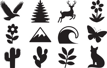 Fototapeta premium Diverse collection of black silhouettes of nature elements and animals on a white background Keywords: nature, animal, silhouette, eagle, tree, deer, flower, mountain, wave, butterfly, cactus, fox