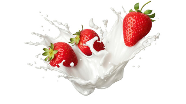 A splash of strawberry milk with three strawberries floating in it