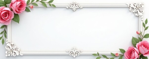 Elegant white square frame with ornate floral border , scroll, decor
