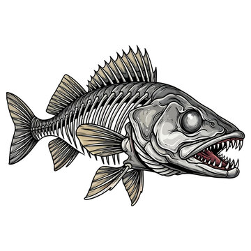 Walleye fish skeleton illustration with sharp teeth and vintage hand drawn style on white background