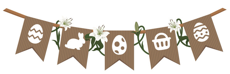 Easter Garland with natural elements isolated on transparent background for versatile decorations. Easter decoration concept. Eco easter decoration. Sustainable easter concept. Vector illustration