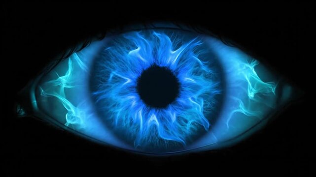 Electric blue eye with fiery iris and black pupil on dark background