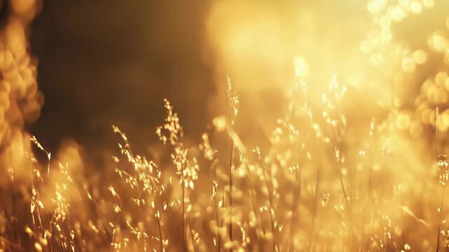 Warm golden hour sunlight backlighting wild grass and meadow flowers, soft bokeh and diffuse glow creating a tranquil, dreamy late afternoon scene in nature