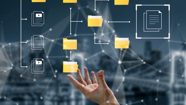 Digital organization concept with hand reaching for file folders and documents in a connected network of data management and information sharing innovations Gluon.