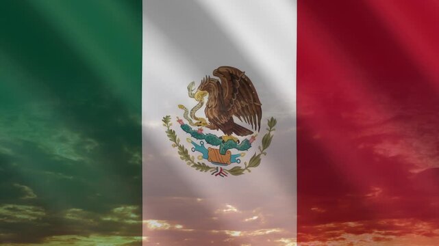 Flag of Mexico waving against a vibrant sunset, creating a patriotic and inspiring atmosphere with warm tones.