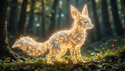 Obraz premium A glowing, illuminated fox sculpture stands in a serene forest surrounded by trees and flowers.