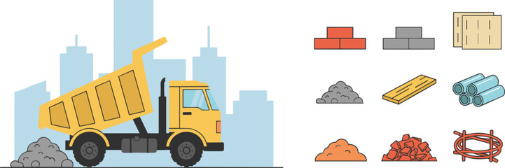 Industrial dump truck unloading gravel with urban skyline background and building material icons for construction site logistics. © MDRIFAT