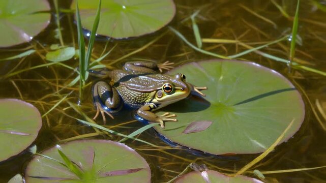A frog gracefully resting on a lily pad in a tranquil pond, surrounded by lush aquatic vegetation