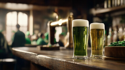 Two glasses of green and golden beer on a wooden bar counter with festive decorations and patrons celebrating St. Patrick's Day in a lively pub atmosphere