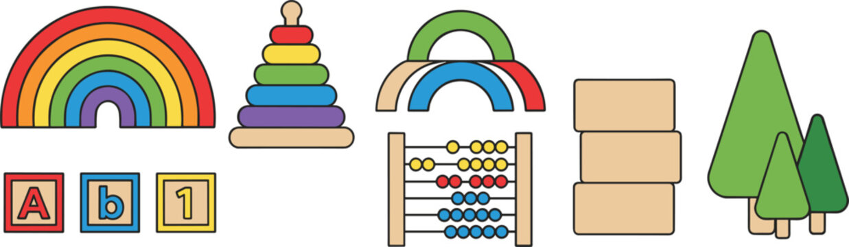 Wooden Montessori toy set featuring rainbow arches stacking towers alphabet blocks abacus and pine tree forest play pieces.