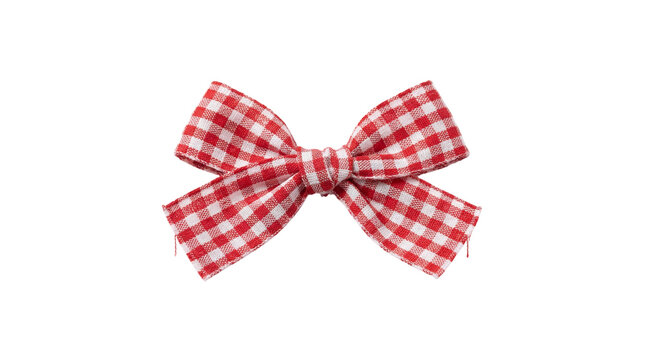 Small red and white gingham ribbon bow isolated on transparent background, cute decorative element for crafts, gift wrapping and romantic designs.