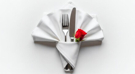 Elegant Table Setting with Red Rose and Utensils.